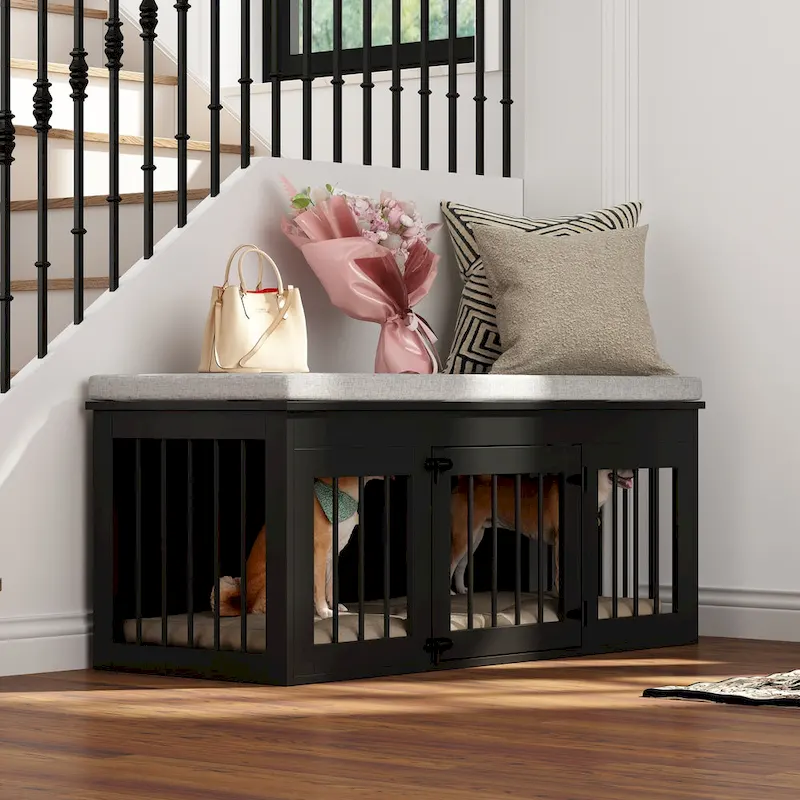Black Wooden Dog Crate with Cushion Bench Top, Single Dog, 47.2