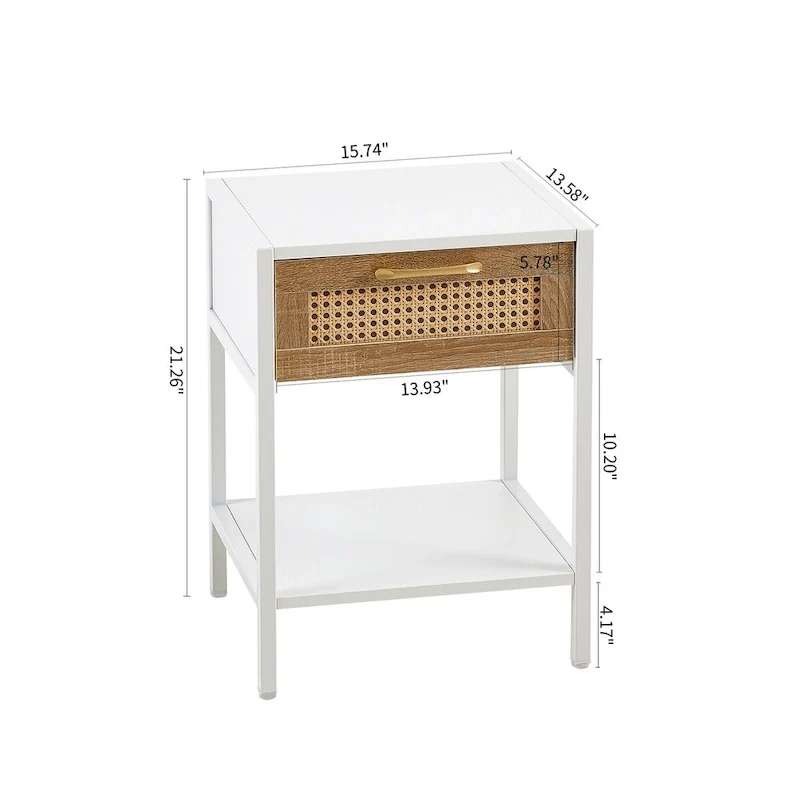 Modern Natural Rattan Wooden Nightstand/End Table/Side Table with Drawer(Set of 2)