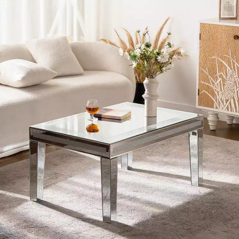 Rectangle Silver Coffee Table with Crushed Crystal Border and Mirrored Finish