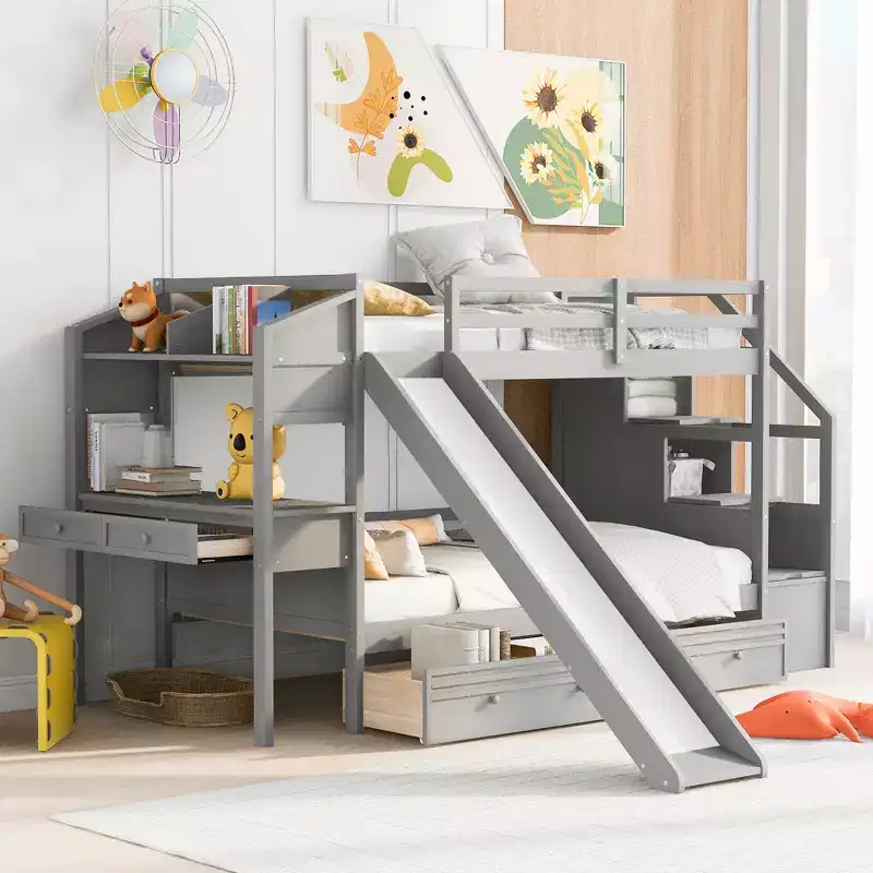 Twin over Twin Bunk Bed with Storage Staircase, Slide, Drawers & Desk