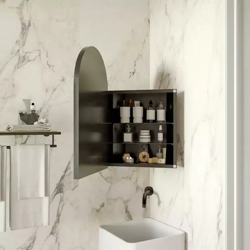 Metal Corner Medicine Cabinet with Arched Mirror, Adjustable Glass Shelves, Space-Saving Bathroom Storage Organizer