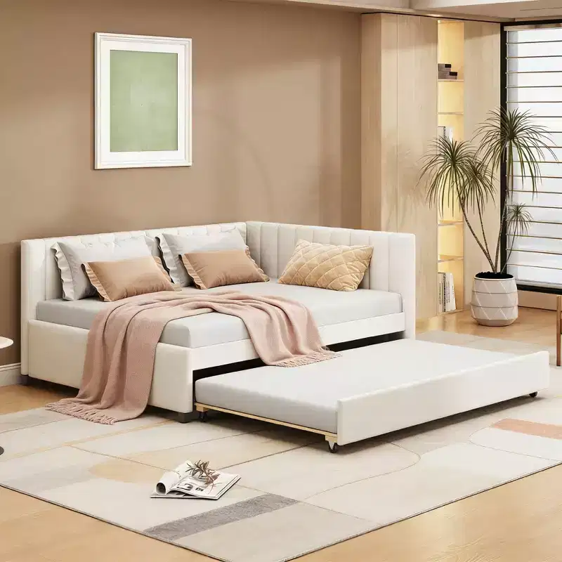 Modern Full Size Linen Upholstered Daybed with Trundle