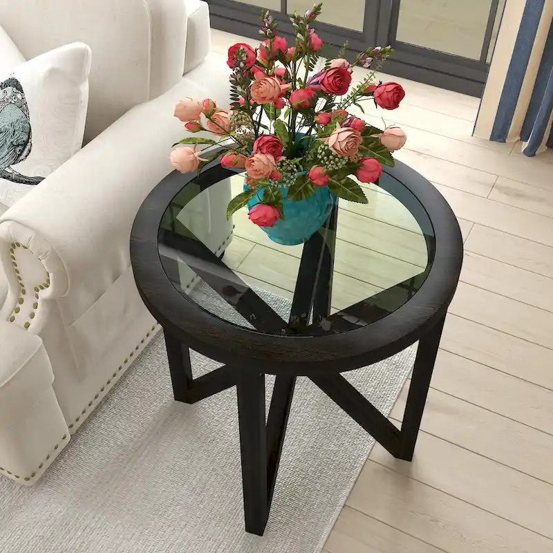 Sleek Glass Coffee Table with Solid Wood Base