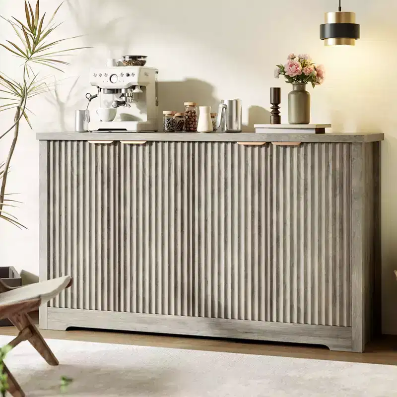 Modern Fluted 4-Door Accent Sideboard Buffet with Shelves, Wood Storage Console for Living Room