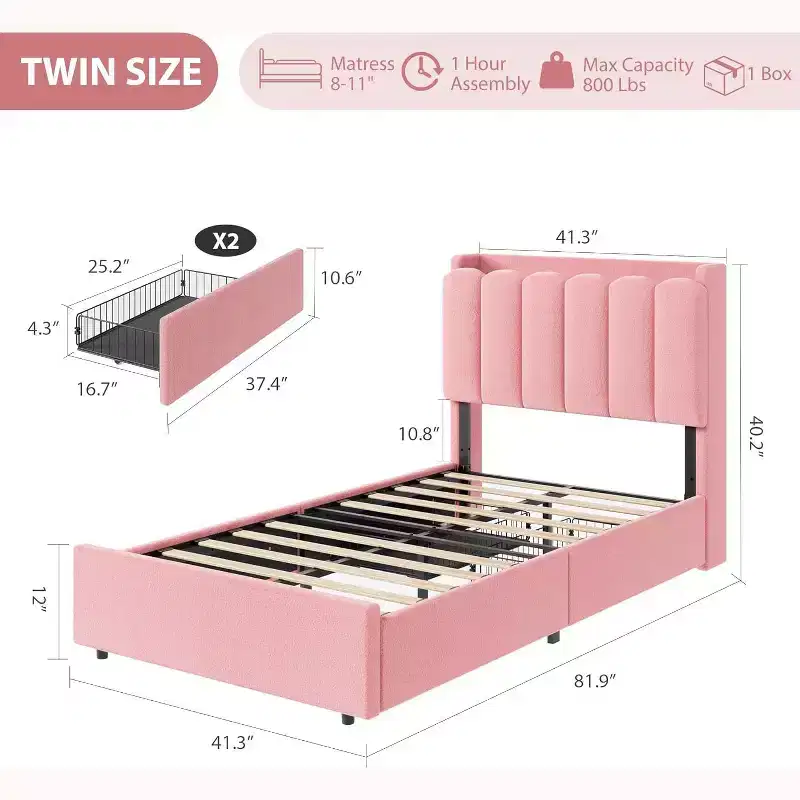 Bed frame with storage headboard, children's bed frame with 2 drawers, fabric upholstered platform bed, contoured headboard with bookshelf