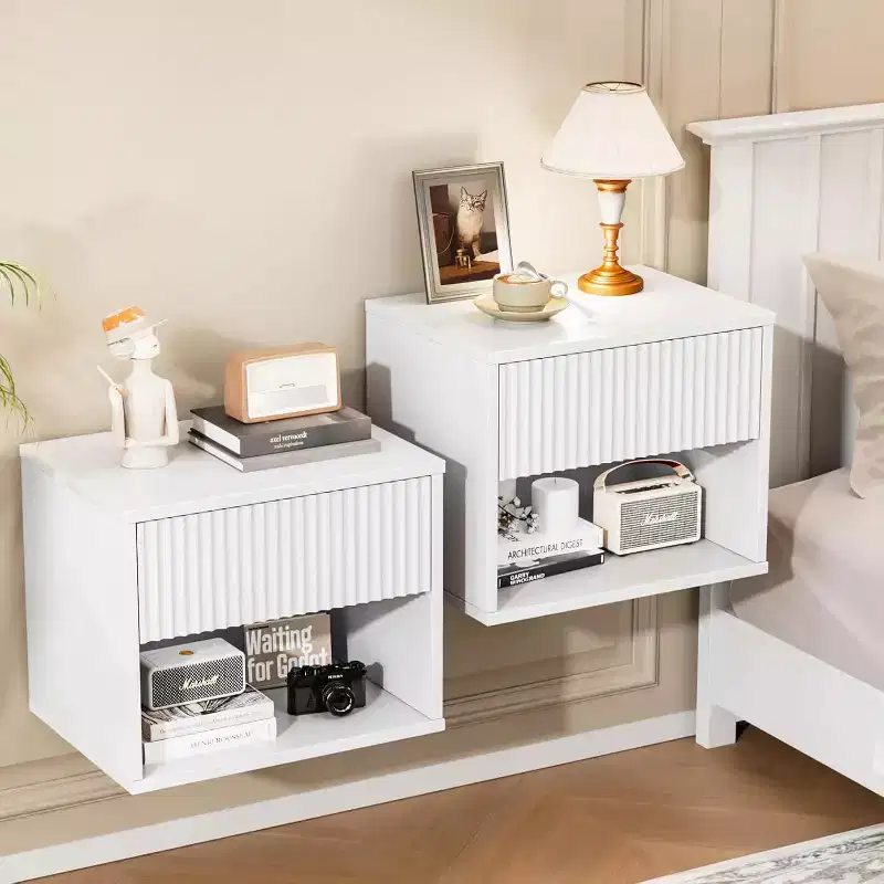 Floating Nightstand White Fluted Night Stand 1 Drawer Bed Side Table, Wood Storage Nightstand with Drawers for bedroom
