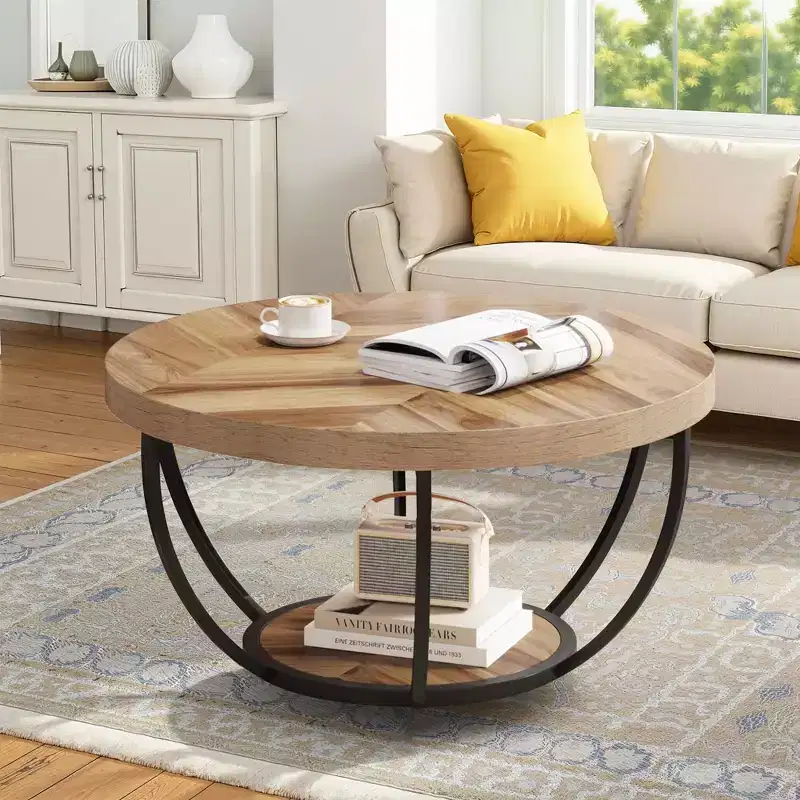 MAYEERTY 2 Tier Round Coffee Table Thickened Engineered Wood Sturdy Metal Base