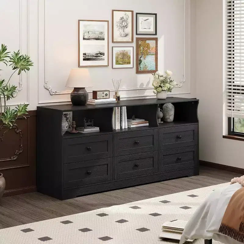 6-Drawer Slim Dresser, with Open Shelf for Bedroom Nursery & Closet, Black