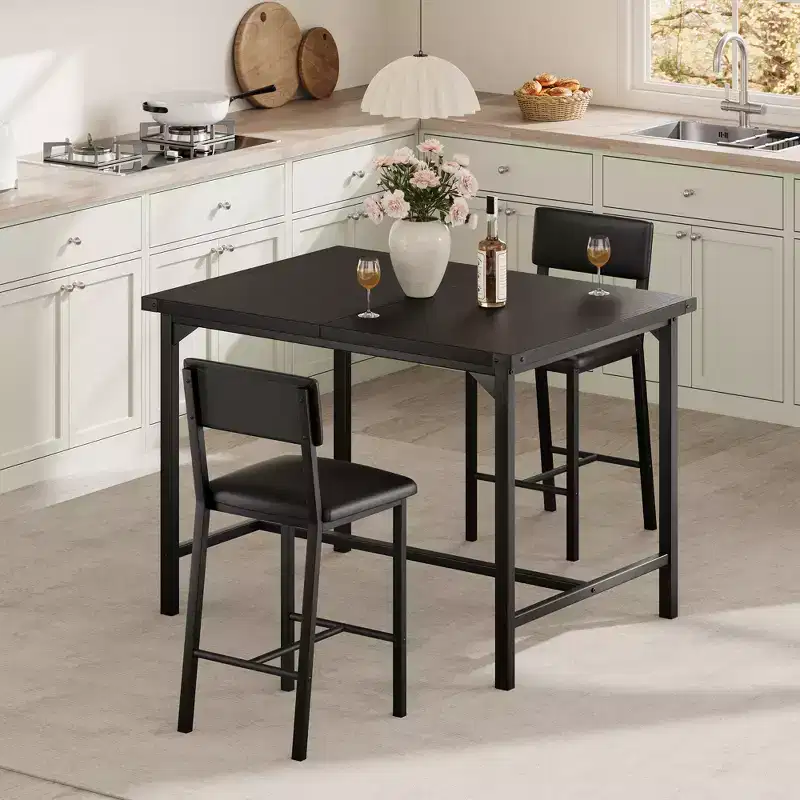 CuisinSmart Dining Table Set for 2, Kitchen Table Set with Footrest & Backrest, Counter Height Table with 2 Upholstered Bar Stools