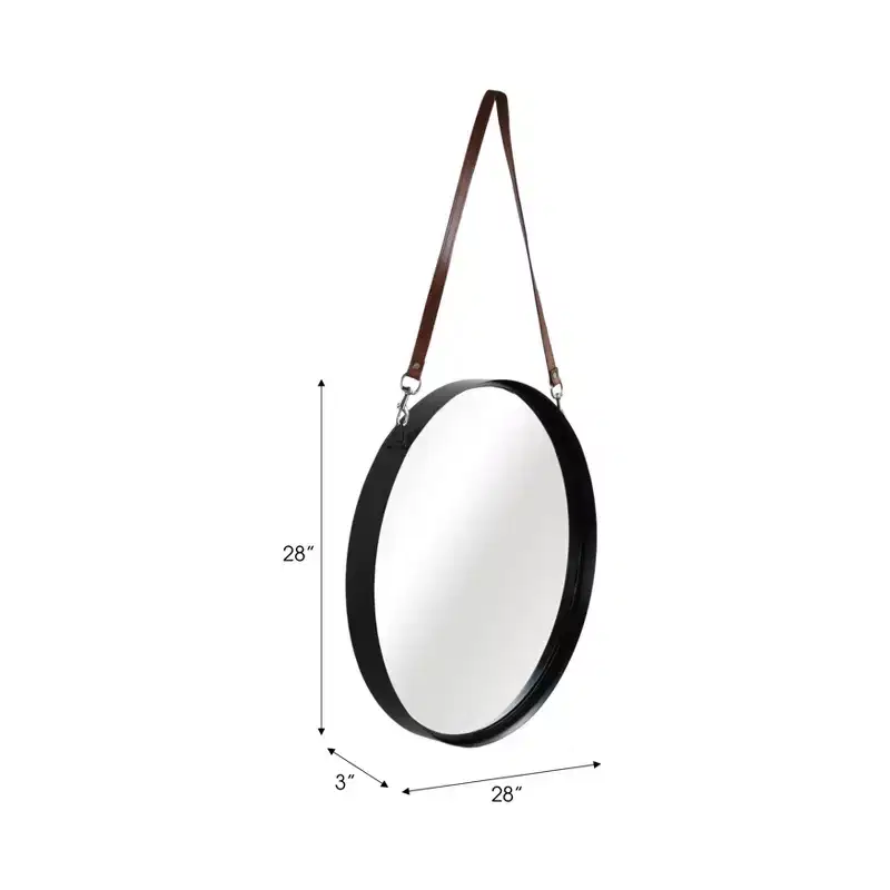 Round Wall Mirror with Hanging Strap - Metal Frame, Faux Leather Strap, Modern Home Decor for Bedroom, Living Room, Office - 3 Black