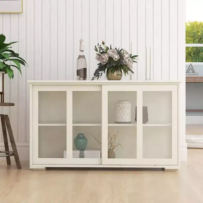 Kitchen Storage Cabinet With Sliding Glass Door, Adjustable Shelf, Wooden Storage Stand Sideboard Buffet Cabinet