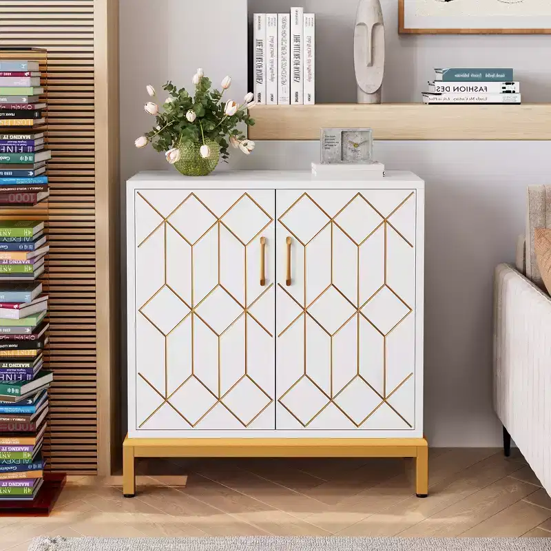 Buffet Cabinet, Modern Storage Cabinet with Doors & Shelves, 30.9W14.3D33.3H, White/Gold for Kitchen/Office/Dining/Living Room
