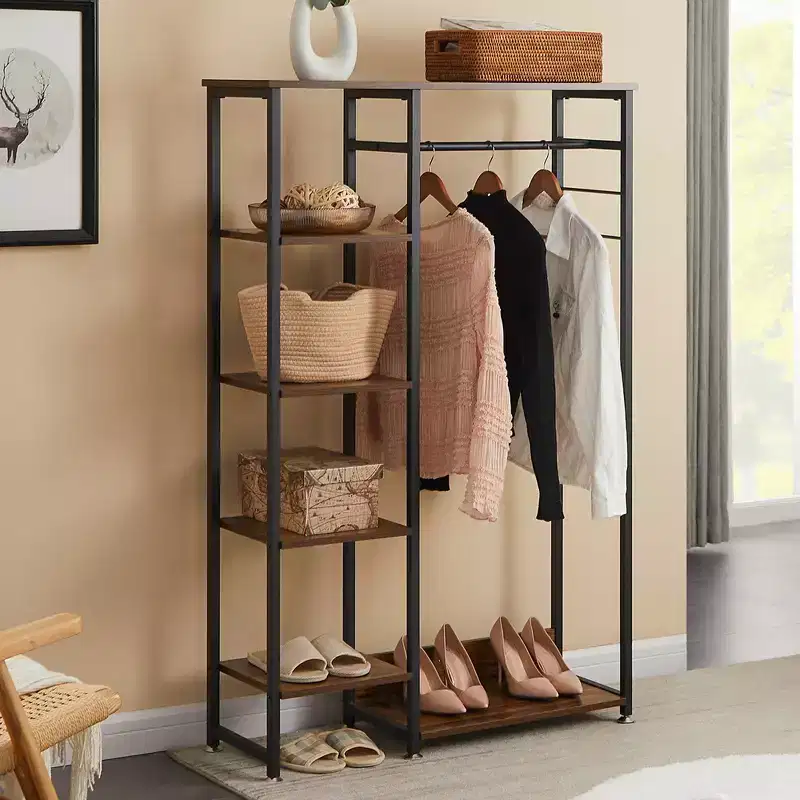 VECELO Open Garment Clothing Rack, Heavy Duty Free-Standing Storage Closet with 5 Shelves & Hanging Rod for Small Spaces, Oak/White