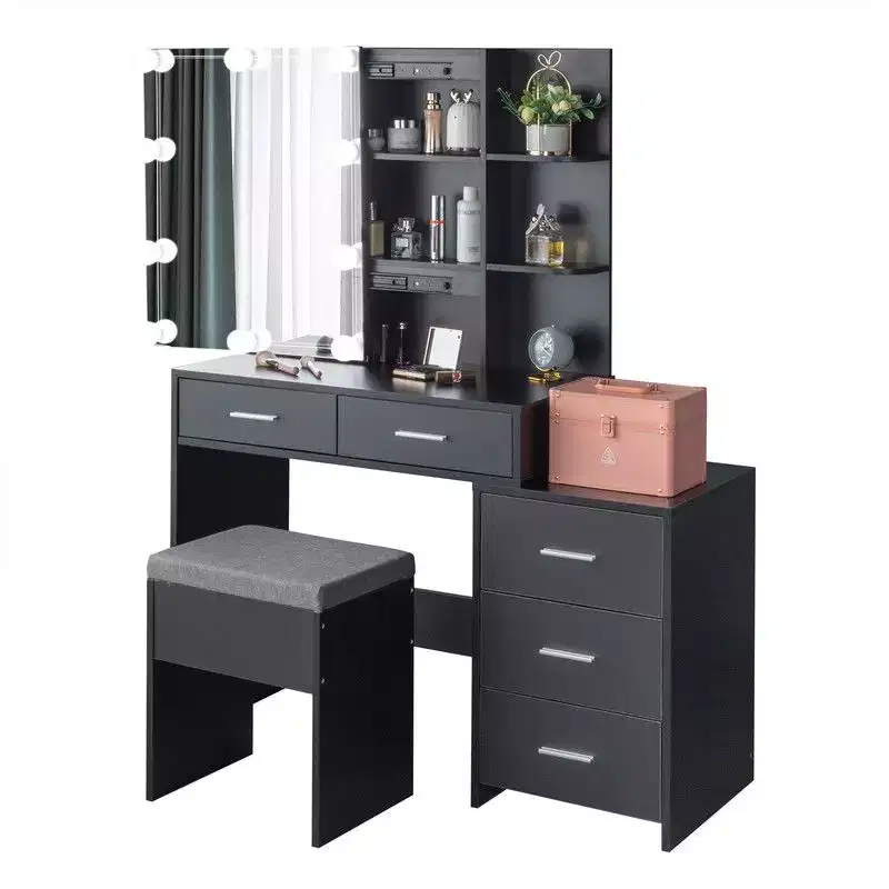 Black Linen Particleboard with Triclosan 5 Drawers 2 Shelves Sliding Door Mirror Cabinet with Tri-color Dimmable Bulb Lamp Dressing Table Set