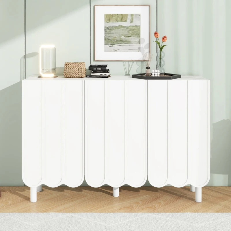 Shoe Cabinet with 5 Solid Wood Legs, Sideboard Buffet Cabinet with Adjustable Shelves, Large Storage Cabinet with Wave Doors