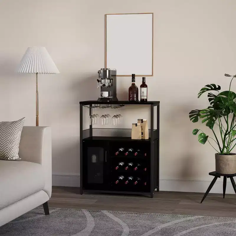 Grey 3-Tier Industrial Wine Bar Cabinet (12+ Bottles)  36H x 24W x 15D, Detachable Rack, 9 Glass Holders & Adjustable Shelves for Home/Bar