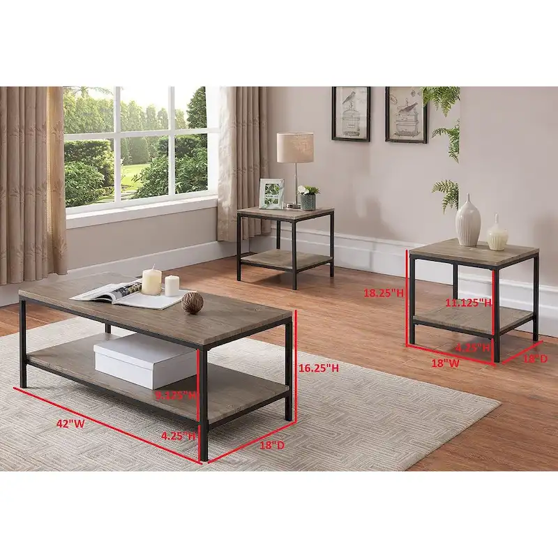 3 Piece Gray Finish Wood/Black Metal Frame Occasional Table Set, Coffee Table & 2