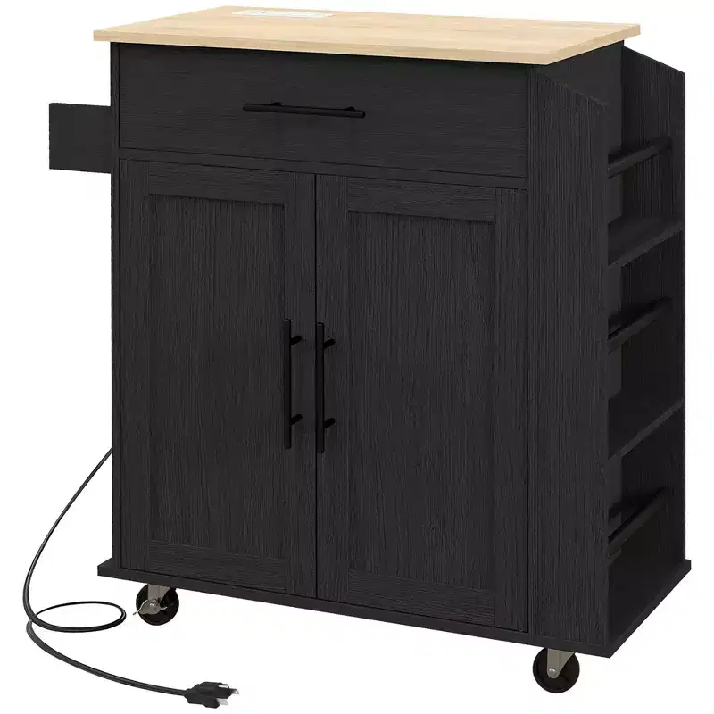 HOMCOM Kitchen Island with Power Outlet, Rolling Kitchen Cart with Storage Drawer, Portable Microwave Stand with Doors, Towel Rack, Spice Rack