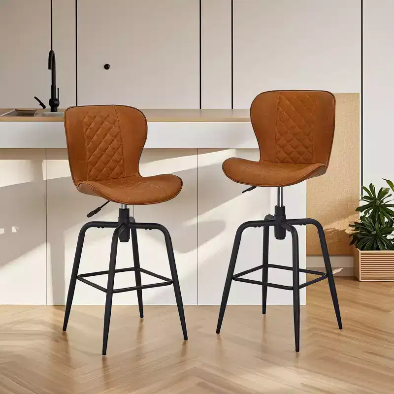 VECELO Bar Stool Faux Leather Counter Height Barstool with Metal Legs and Footrest, Brown