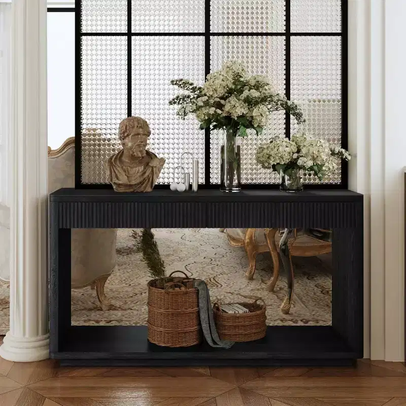 60 Farmhouse Entryway Console Table with 2 Fluted Drawers and Shelf, Wood Veneer Hallway Table for Living Room - Panipeachy