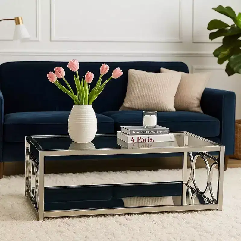 47 Inch Coffee Table, Glass Top, Mirrored Bottom Shelf, Metal Accents
