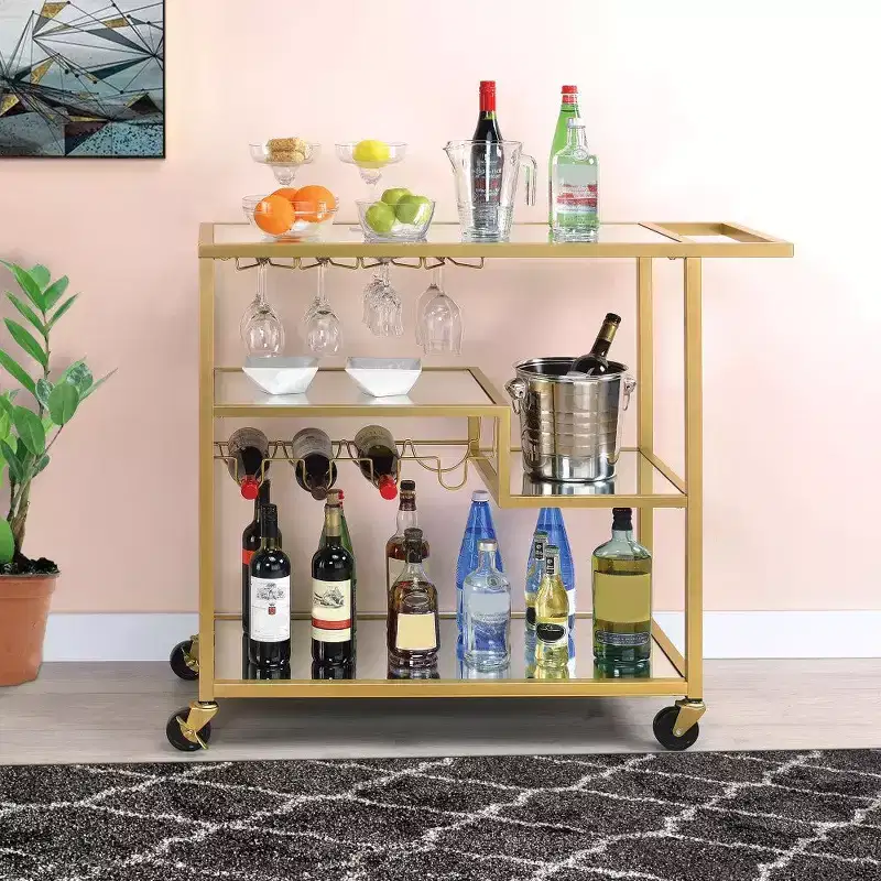 Hampton Style Metal Framed Serving Cart with Wine Bottle Holder and Stemware Rack, Gold and Clear
