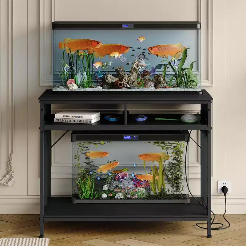 Heavy Duty Fish Tank Stand with Power Outlet, 40-50 Gallon Double Metal Aquarium/Reptile Terrarium Table, 2 Storage Drawers & Height Adjustable Feet