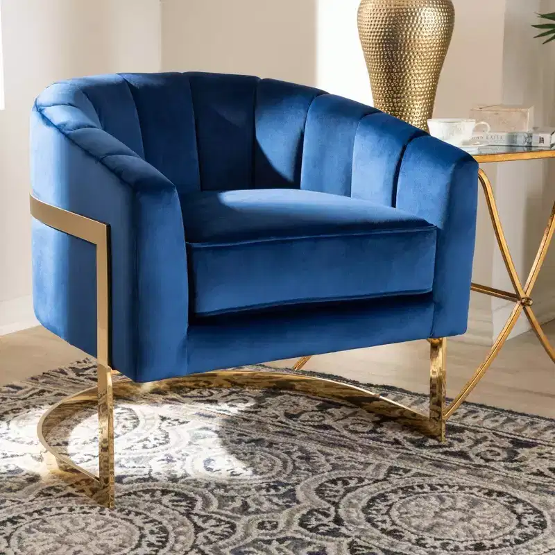 Velvet Lounge Chair Blue - Channel Tufted, Gold-Finished Frame, No Assembly