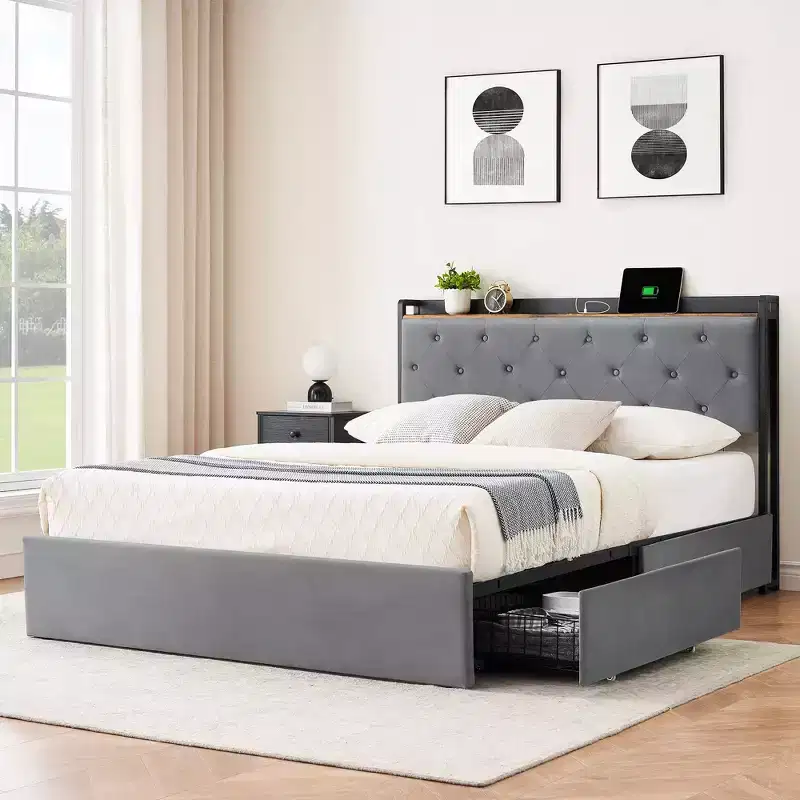 Bed Frame with 4 Storage Drawers and Charging Station, Upholstered Bed Frame with Storage Headboard -No Box Spring Needed