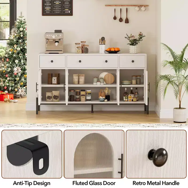 62 Inch Large Sideboard Buffet Cabinet with Storage and 3 Drawers, Coffee Bar Storage Cabinet with 4 Glass Doors for Dining Room,Living Room, Kitchen