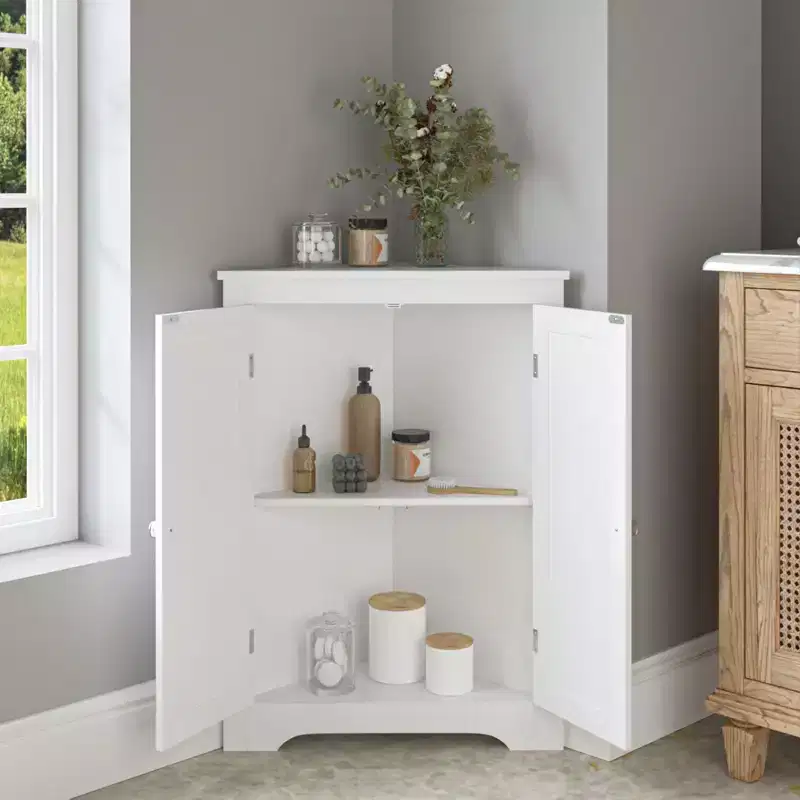 Corner Storage Cabinet, Modern Narrow Organizer with Adjustable Shelf, 2 Doors with Silver Knobs, Floor Cabinet for Living Room and Kitchen
