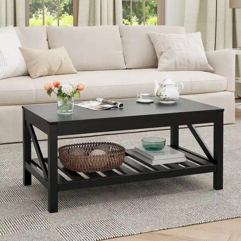 Coffee Table with Slatted Storage Shelf & Metal Corner Protectors, Washed Gray, 40.16