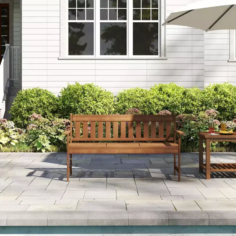 HOMLUX 2-Person Outdoor Patio Garden Bench Loveseat Porch Chair Solid Wood with Armrest, Small Table