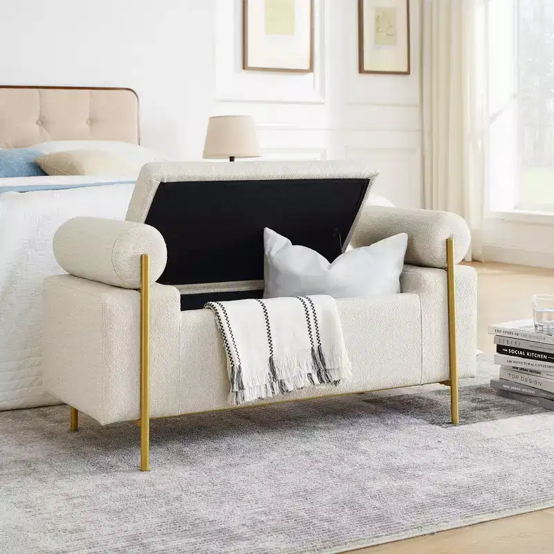 EHMKNP Elegant Upholstered Linen Storage Bench with Cylindrical Arms and Iron Legs
