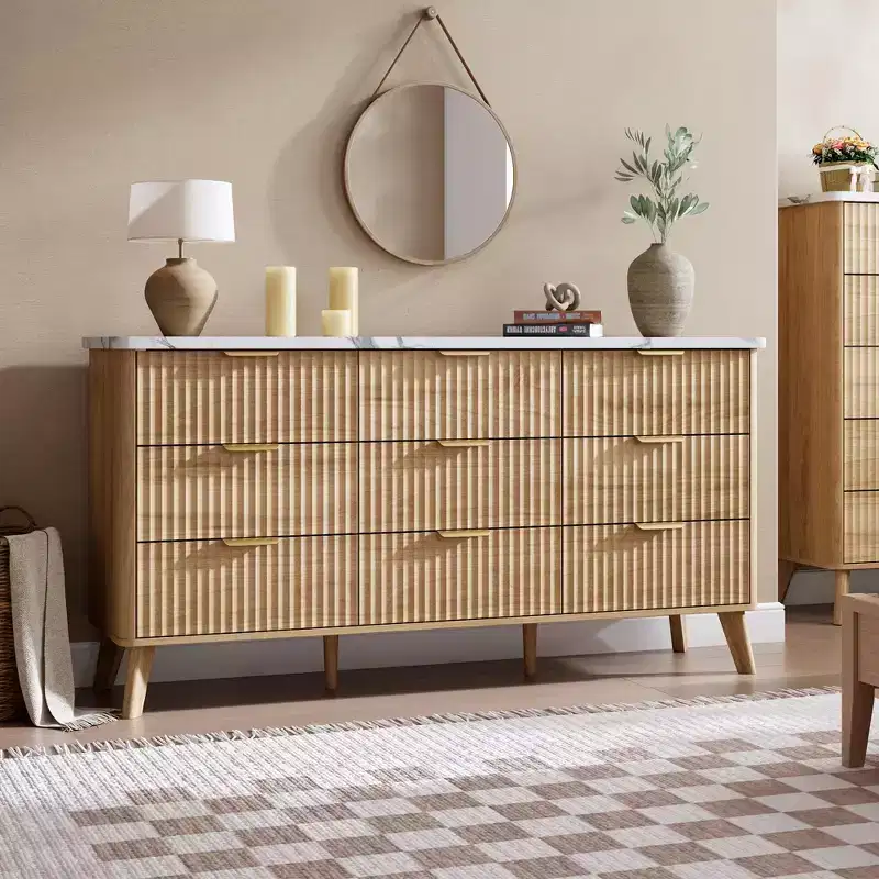 Fluted Dresser for Bedroom with 9 Deep Drawers, 60.6 in Wide Modern Chest of Drawers