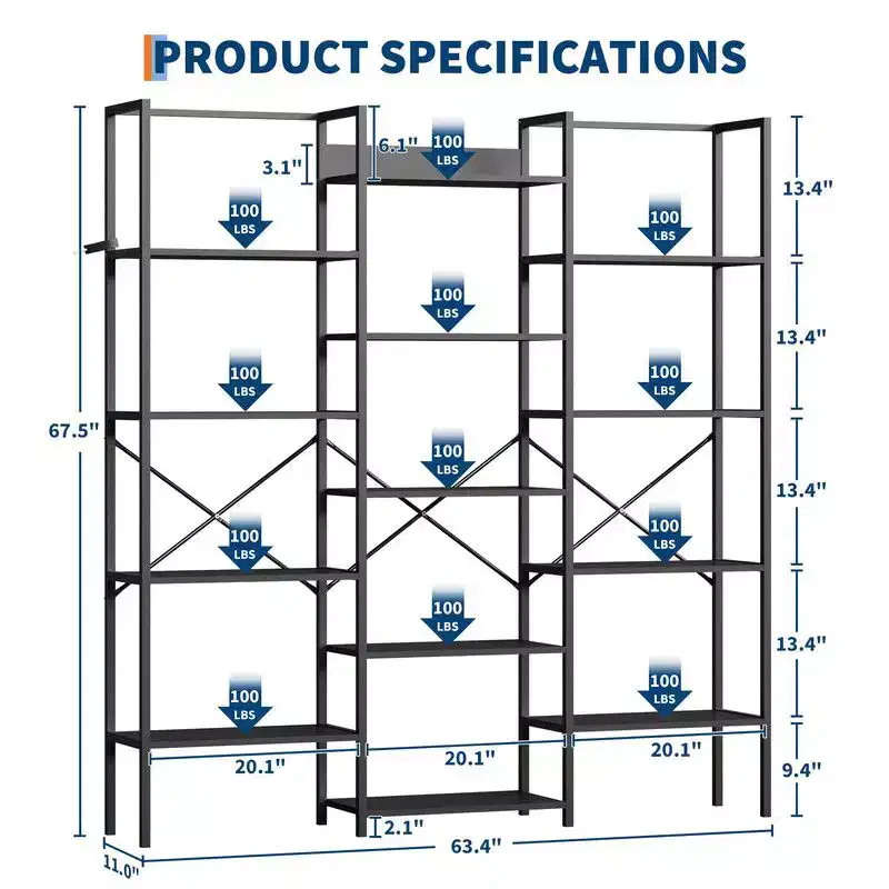 Triple Column 5-Tier Industrial Bookshelf with 14 Display Shelves
