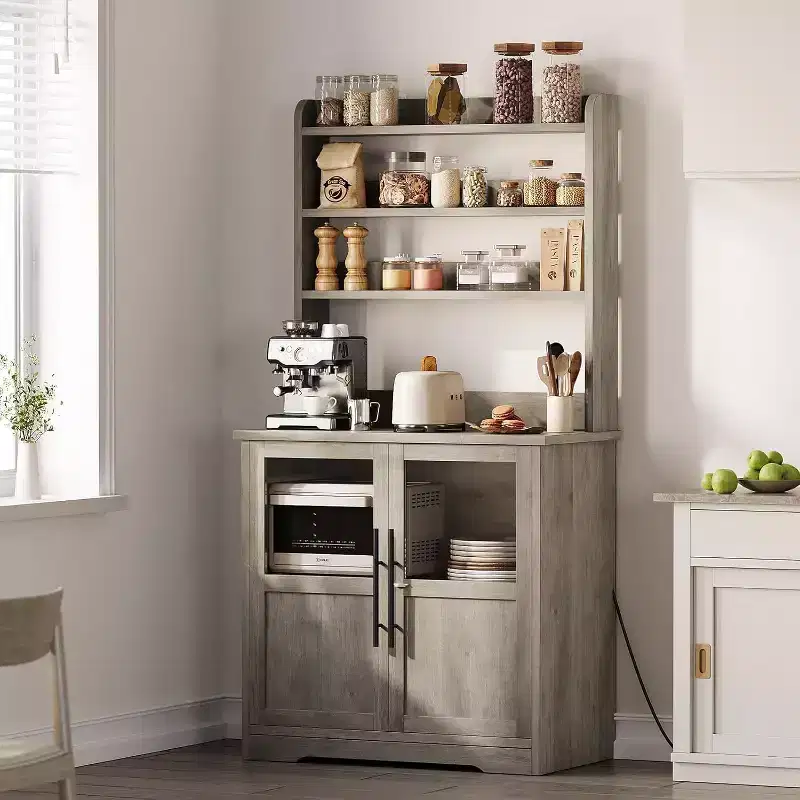 6-Tier Kitchen Bakers Rack With Storage Cabinet Microwave Oven Stand Pantry Hutch With Door Tall Versatile Storage Shelf Farmhouse Coffee Bar Cabinet