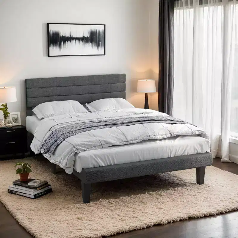 Twin Size Upholstered Bed Frame, Platform Bed with Headboard Gray