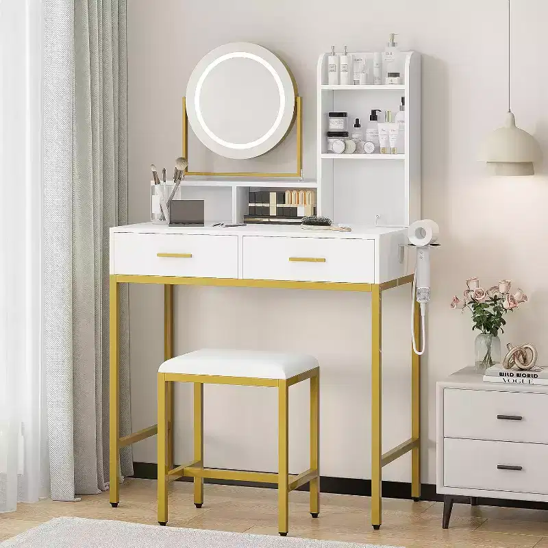 Girls Vanity Desk with Mirror and Lights Small Makeup Vanitys Set with Chair Fabric Drawers Power Outlet, Dressing Table Vanities for Bedroom
