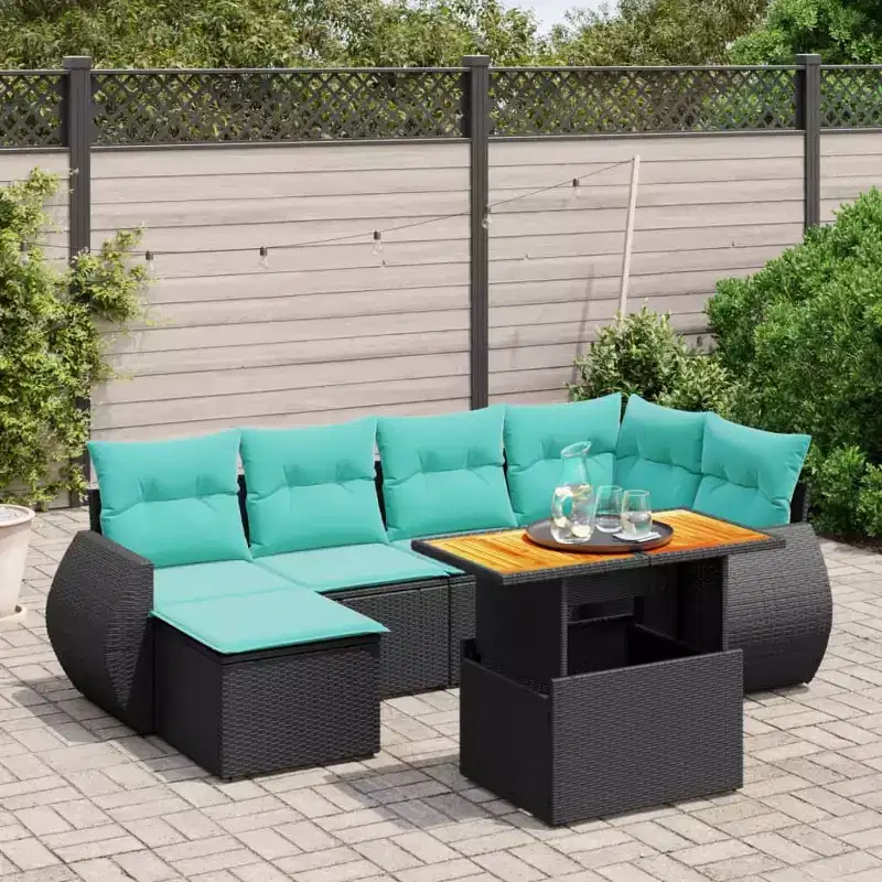 vidaXL 7 Piece Patio Sofa Set with Cushions Black Poly Rattan