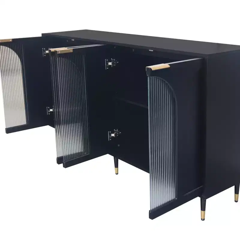 Black Lacquered Cabinet with Fluted Glass Doors