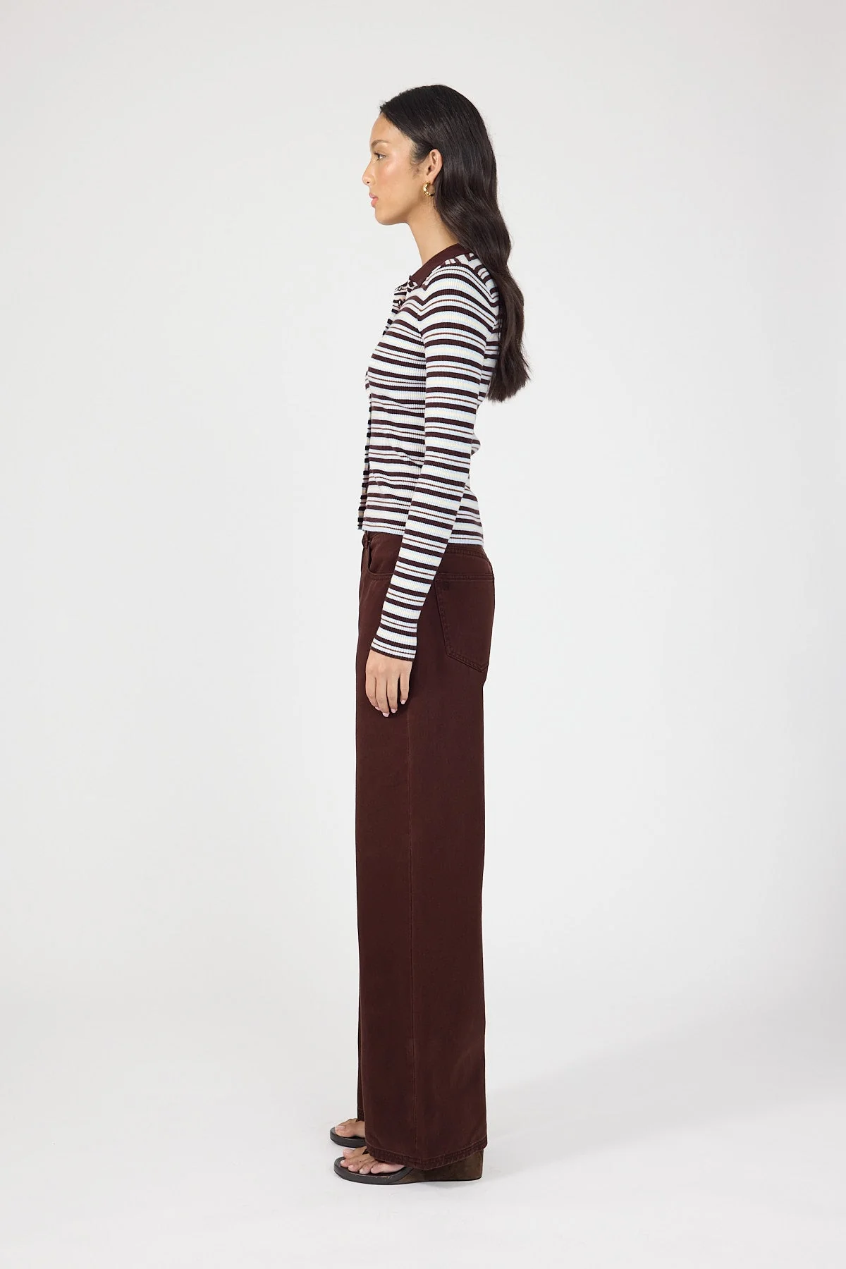 Knit Long Sleeve Polo Brown Stripe