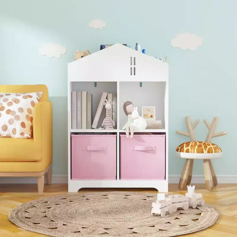 Acekool Kids Dollhouse Bookcase with Storage, 2-Tier Organizer and 2 Fabric Drawers, Toddler Bookshelf for Bedroom, Playroom, White+Pink