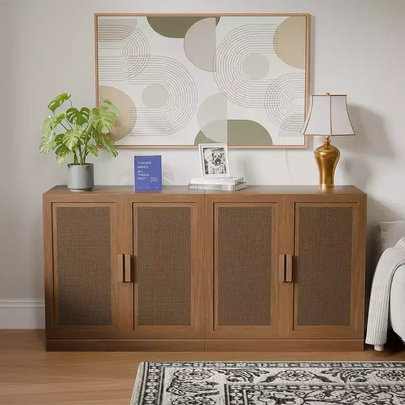 3-Set Rattan Door Sideboard Buffet Storage Cabinets with Adjustable Shelves - 93Lx31H