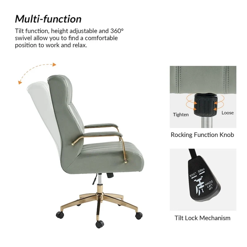 Mid-Century Modern Vegan Leather Swivel Tilting Office Chair with Channel Tufted and Metal Feet