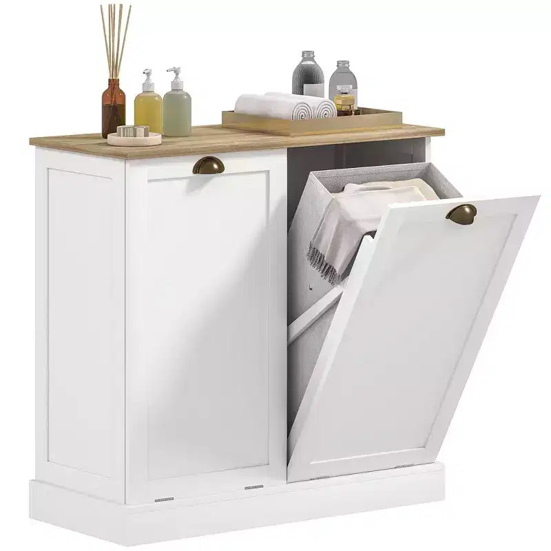 HOMCOM Dual Tilt-Out Laundry Hamper Cabinet with 2 Removable Baskets, Modern Bathroom Storage Cabinet with Shaker Doors and Handles, White