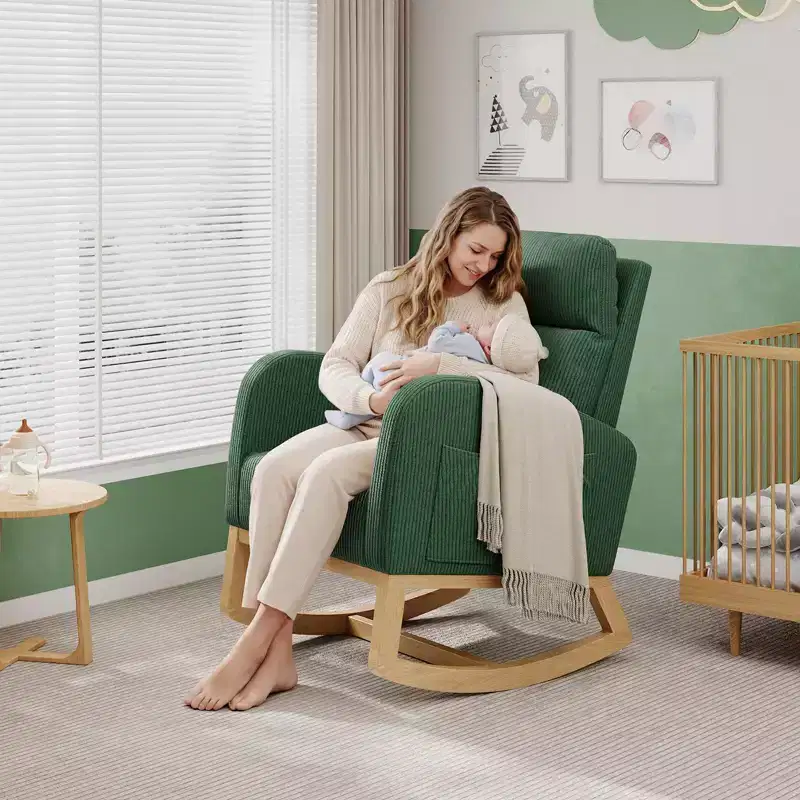 Modern Nursery Glider Rocking Chair with Side Pockets & Pillow – Ergonomic, 300 lb Capacity