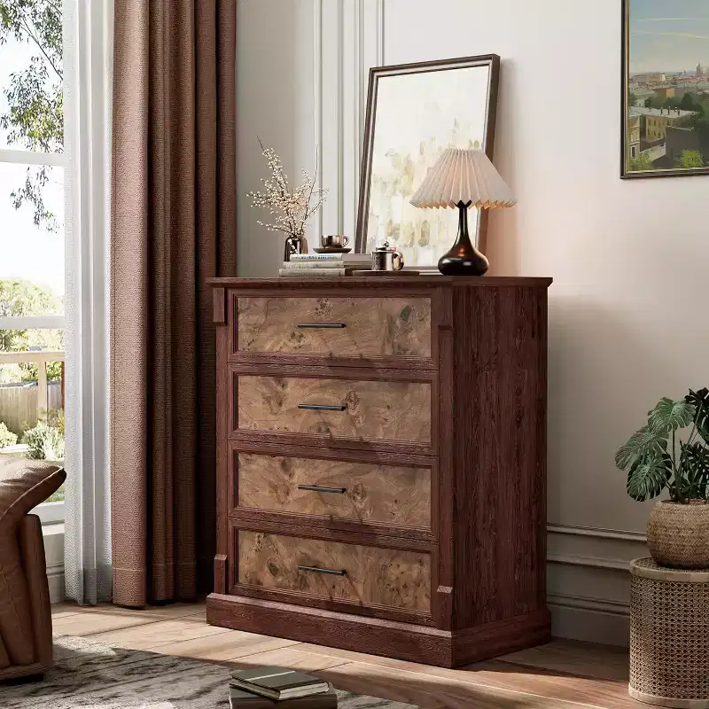 4 Drawer Dresser for Bedroom, Tall Chest of Drawers with Metal Handles, Rustic Wooden Dresser TV Stand, for Living Room, Hallway