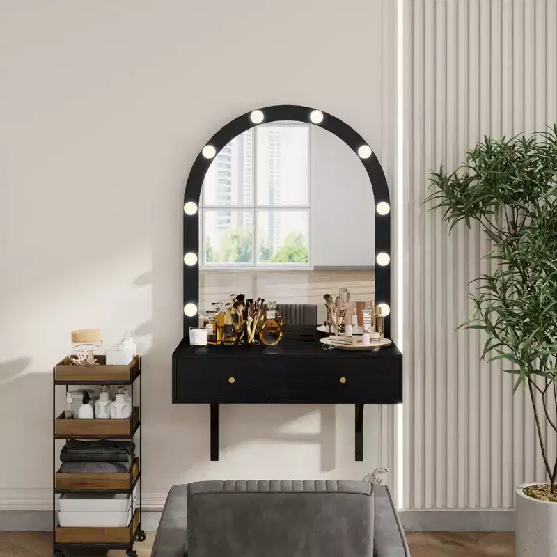 GDFStudio Silas Floating Makeup Vanity Desk with Mirror, 3-Color Lights and Power Outlet