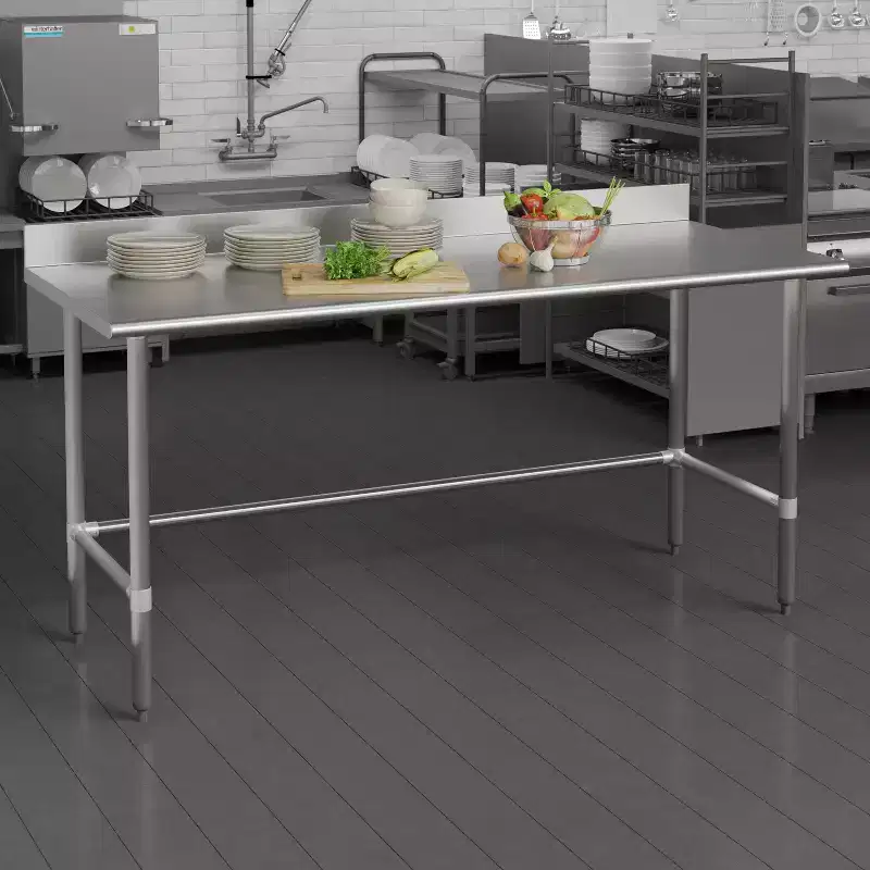 Flash Furniture Reese Commercial Grade 430 Stainless Steel 18 Gauge NSF Certified Open Base Kitchen Prep and Work Table with 4 Backsplash